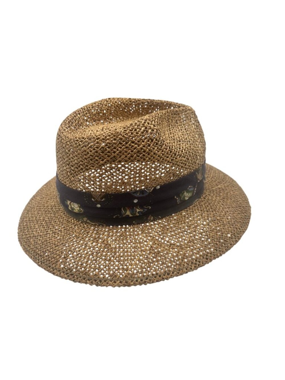 Straw Fedora Medium Hat With Black Patterned Band By Dorfman Pacific Headwear
